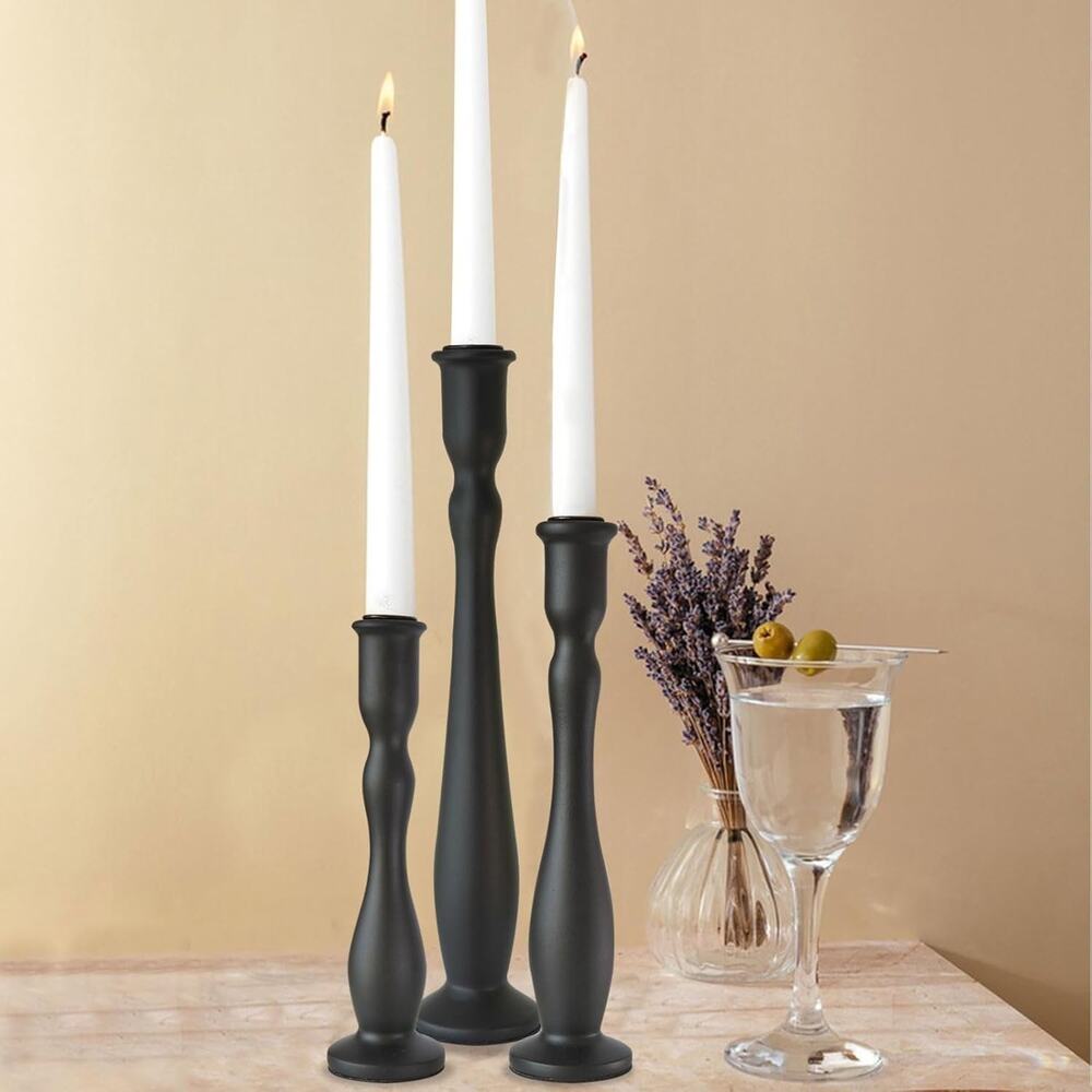 NEW Black Tall Wood Candle Sticks Holder Decor Taper Modern - Set of 3